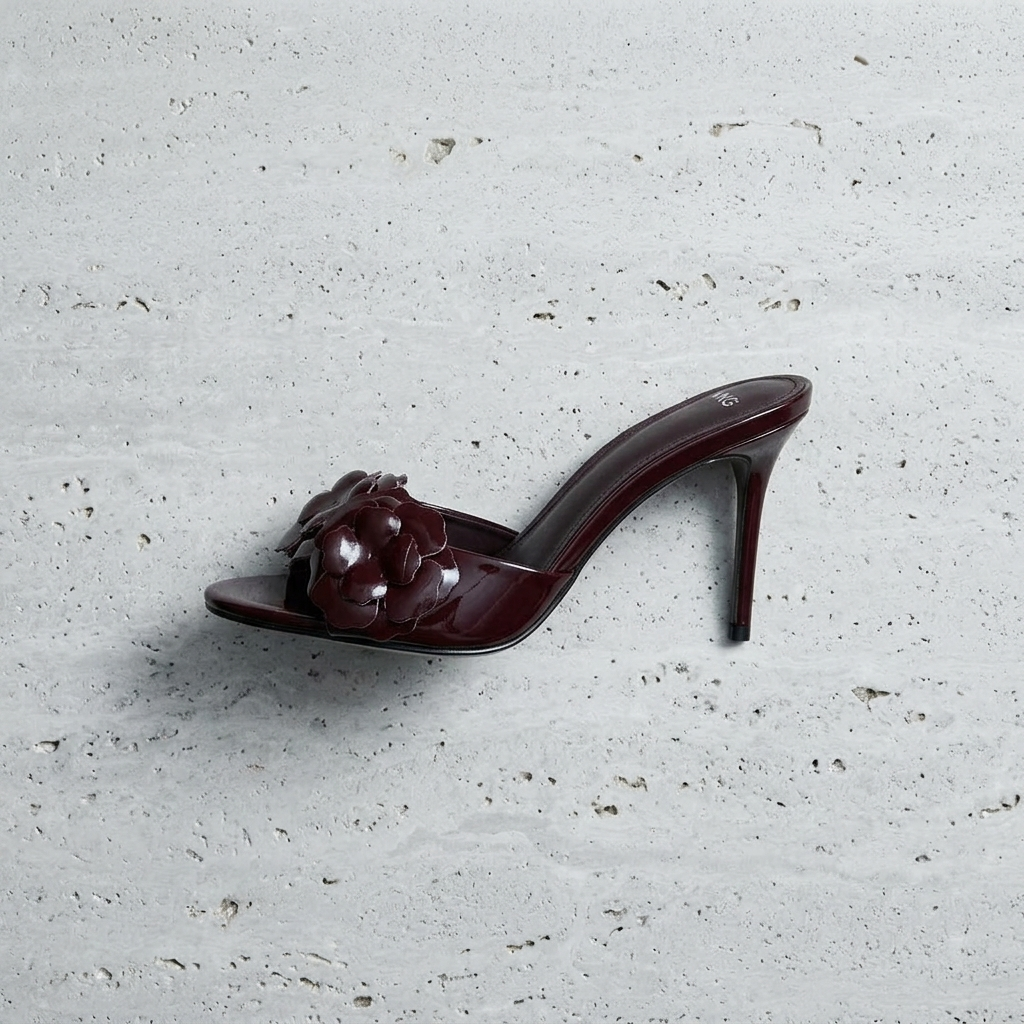MNG-Style Flower Patent Backless Stiletto Mules flatlay