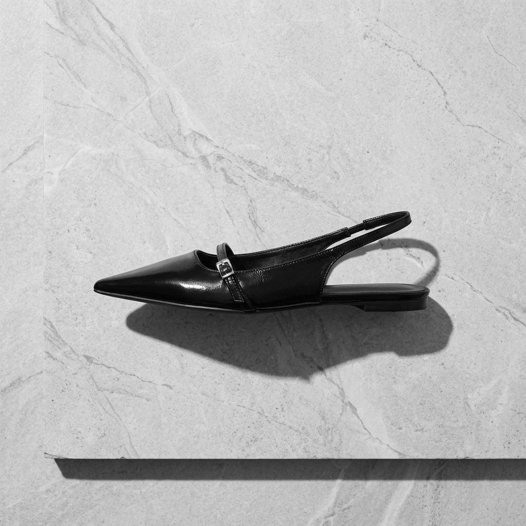 Black Patent Pointed-Toe Slingback Flats flatlay