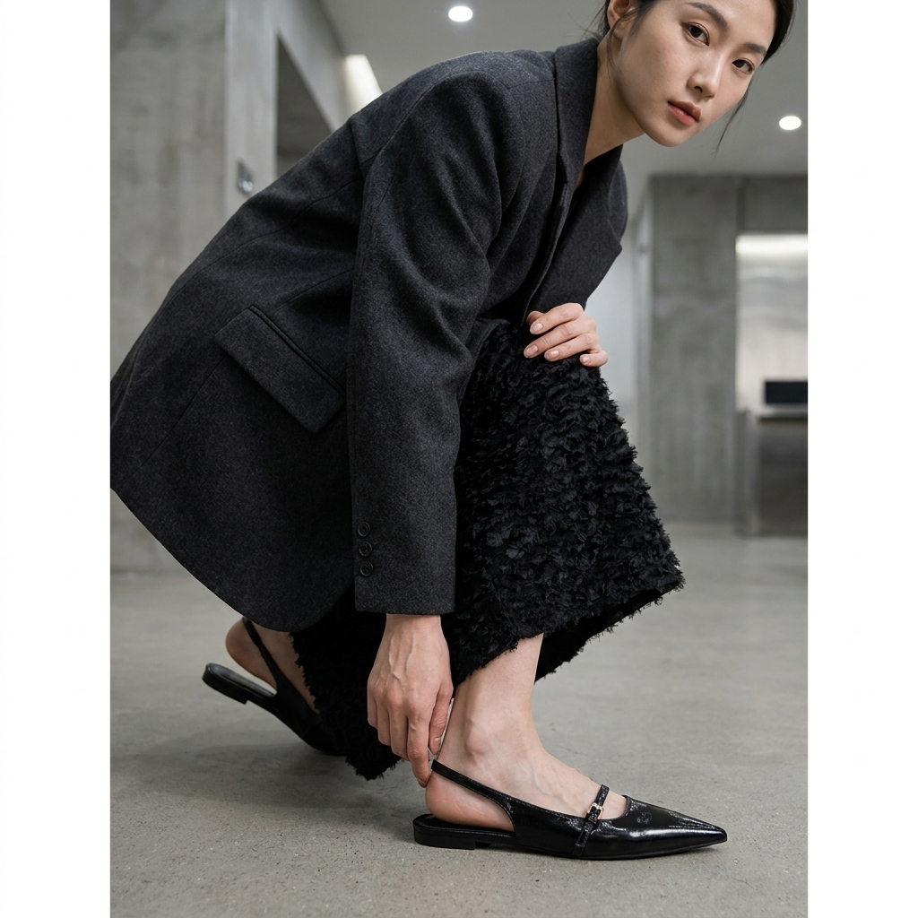 Black Patent Pointed-Toe Slingback Flats in use