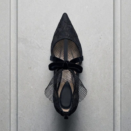 Black Lace Mesh Bow-Tie Pointed-Toe Stiletto Pumps flatlay