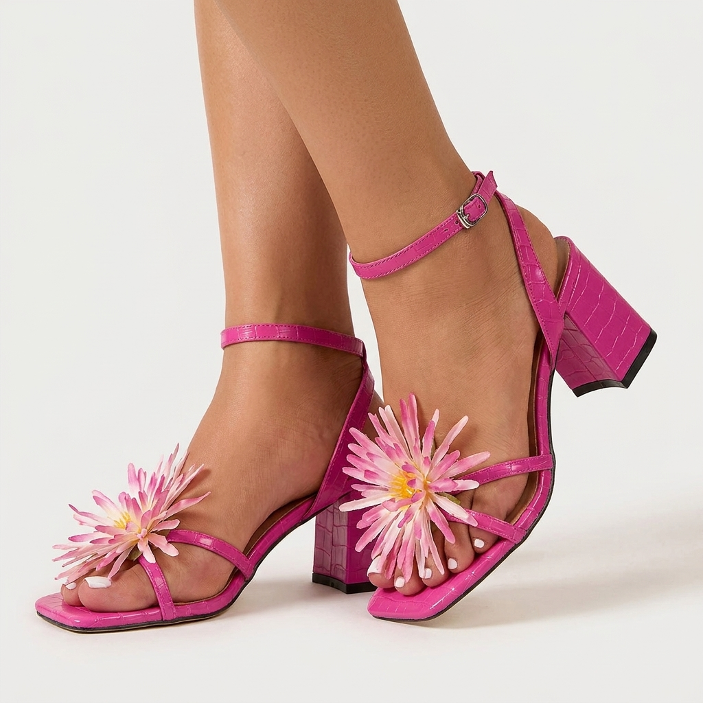 Women's Sunflower Applique Chunky Heel Sandals - Rose Pink - on model