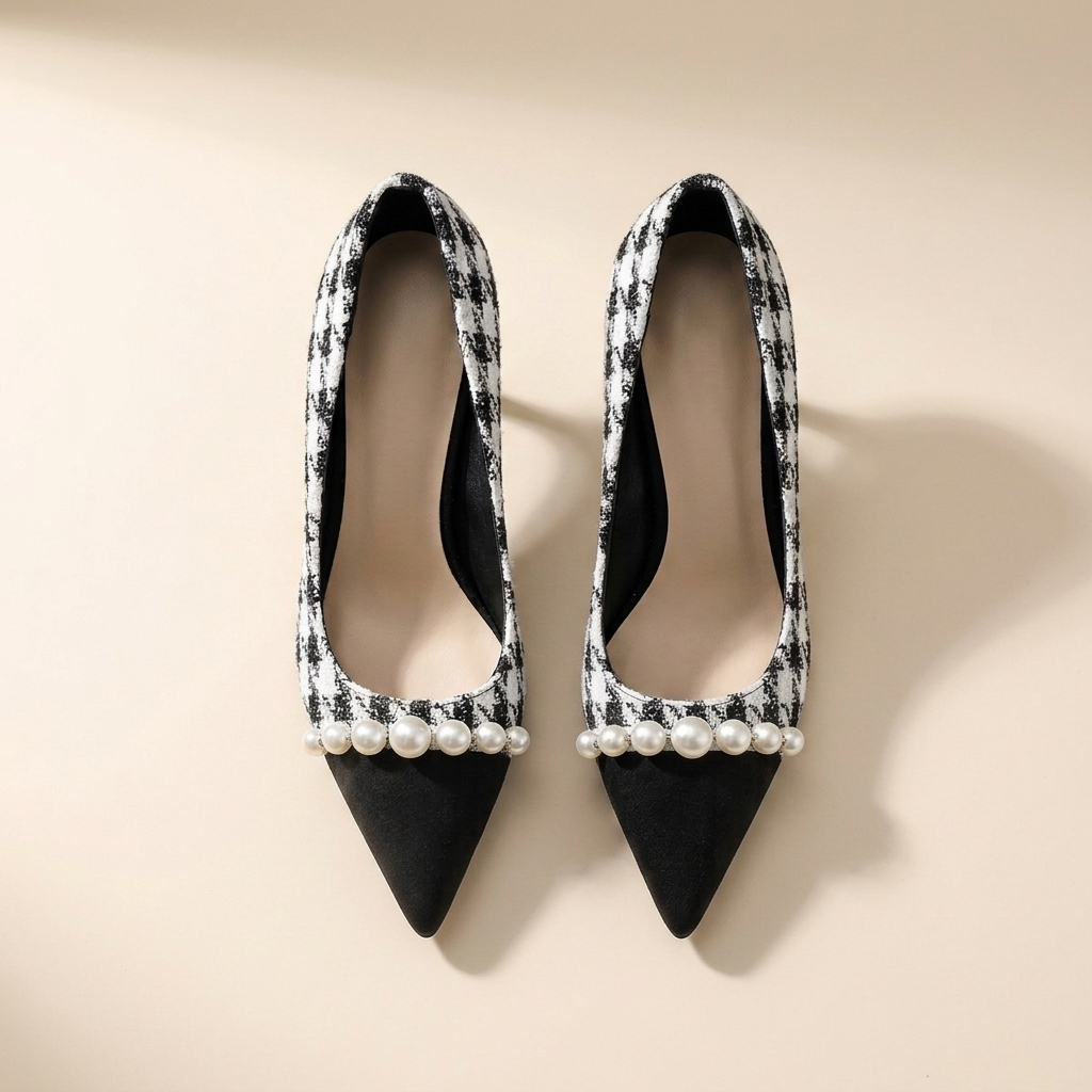 French Houndstooth Tweed Pearl-Trim Pointed-Toe Pumps - flatlay