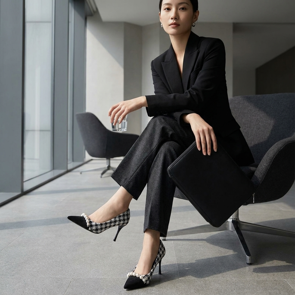 French Houndstooth Tweed Pearl-Trim Pointed-Toe Pumps - lifestyle shot