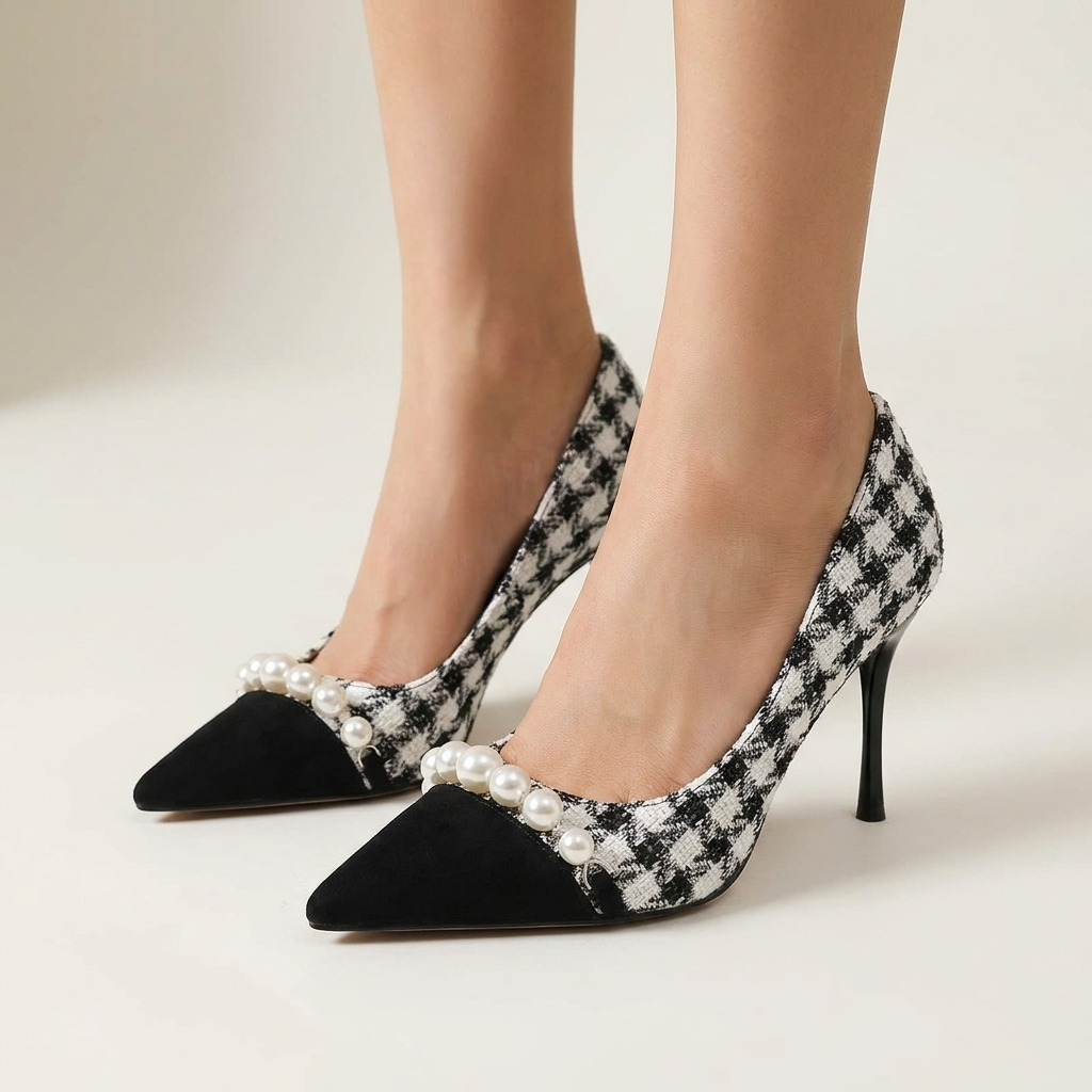 French Houndstooth Tweed Pearl-Trim Pointed-Toe Pumps - on model