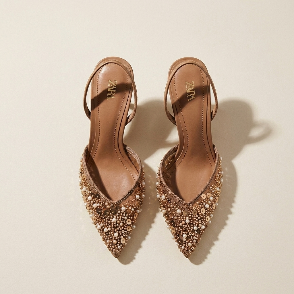 ZAR Beaded Mesh Pointed-Toe Slingback Heels - Apricot - flatlay
