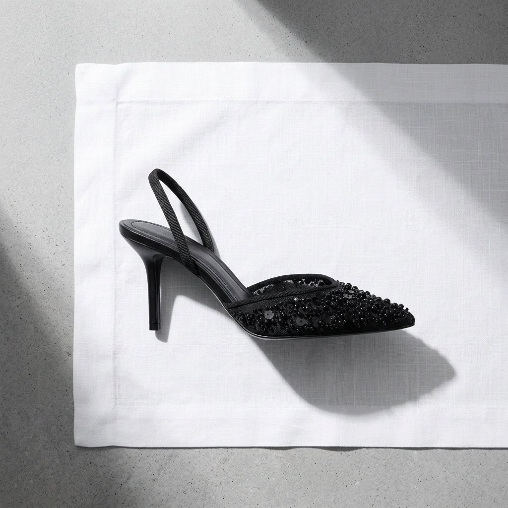 ZAR Beaded Mesh Pointed-Toe Slingback Heels - Black - flatlay