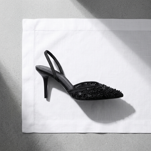 ZAR Beaded Mesh Pointed-Toe Slingback Heels - Black - flatlay