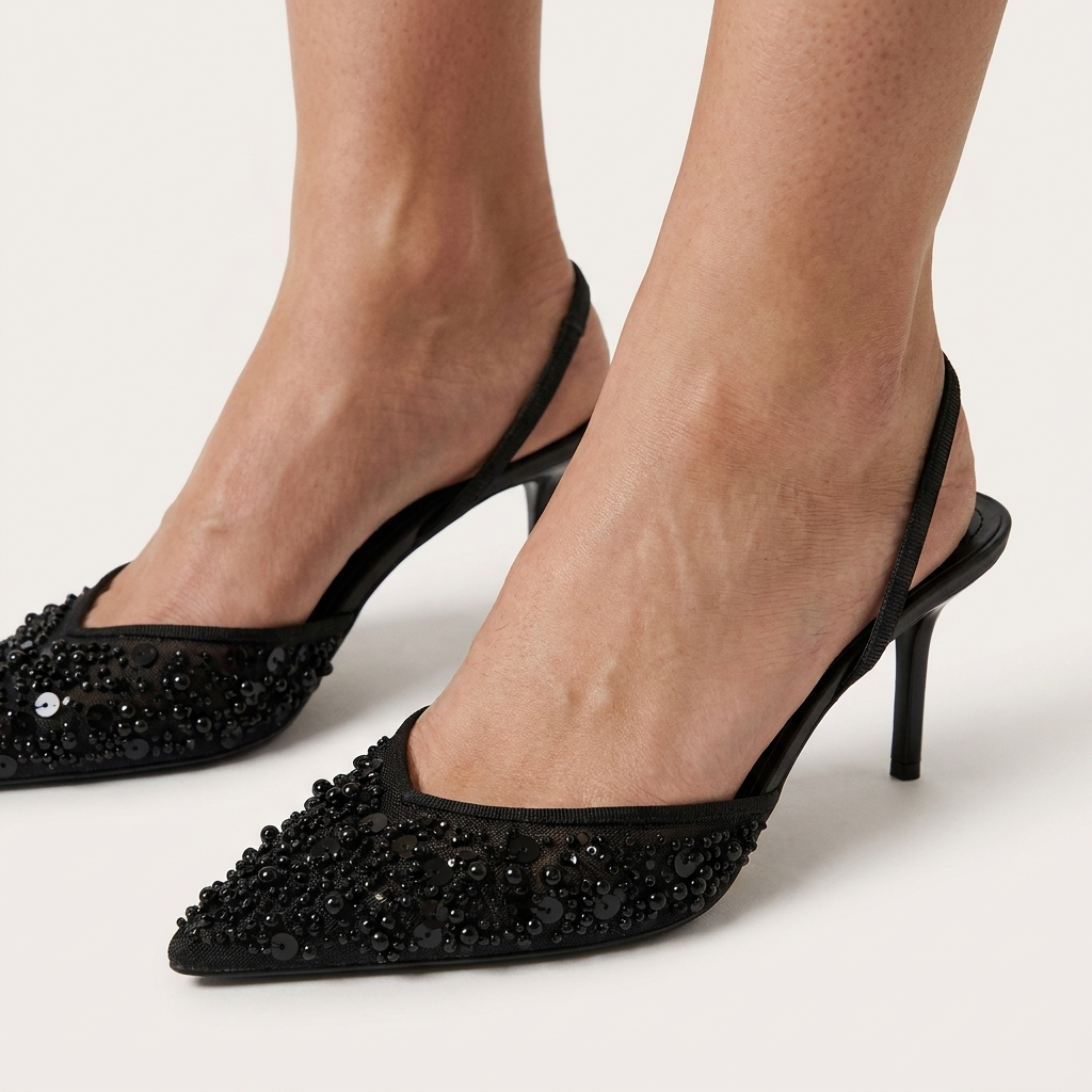 ZAR Beaded Mesh Pointed-Toe Slingback Heels - Black - on model