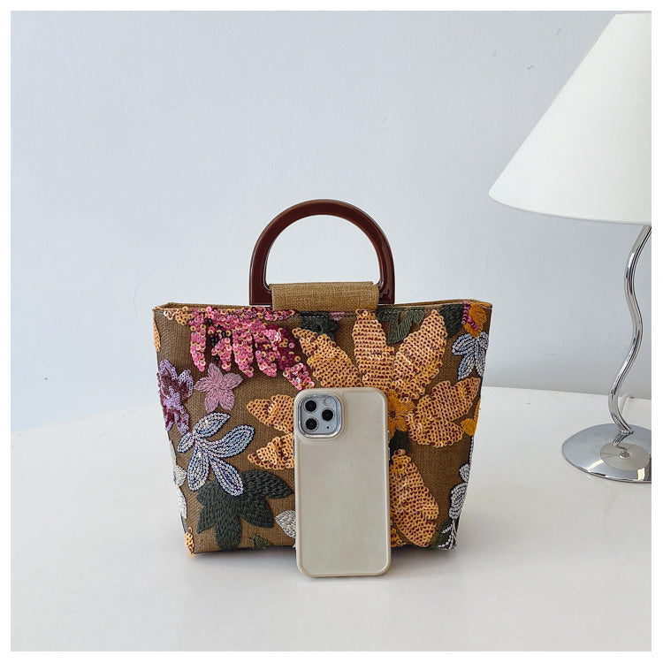 Bamboo Handle Sequin Floral Tote Bag for Women | Fabric Top Handle A46