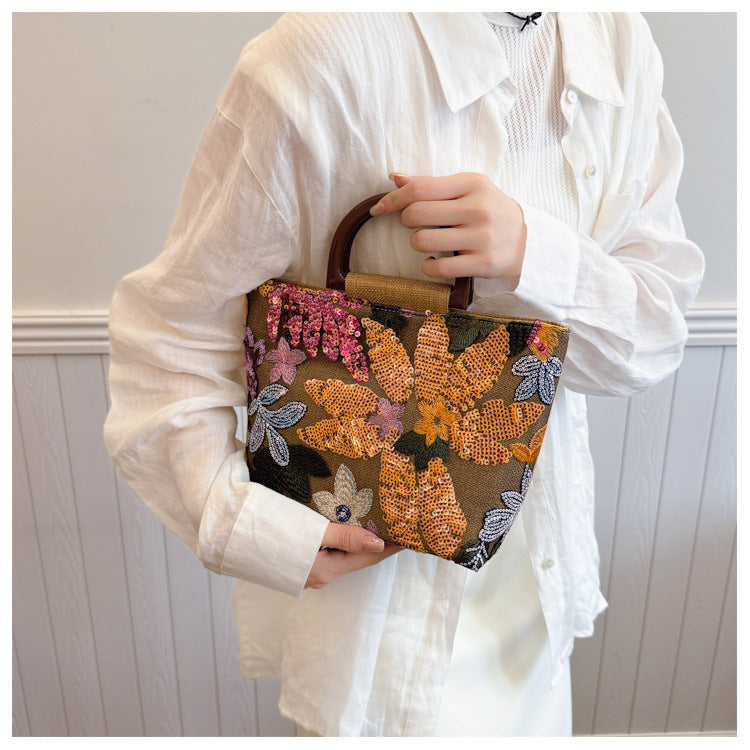 Bamboo Handle Sequin Floral Tote Bag for Women | Fabric Top Handle A46