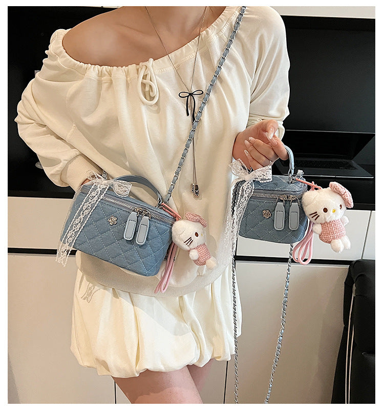 Quilted Denim Box Bag | Chanel-Style Chain Crossbody Handbag A63