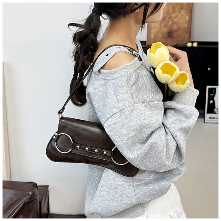 Women's Street Style Shoulder Bag Rivet Ring Hardware Detail A25