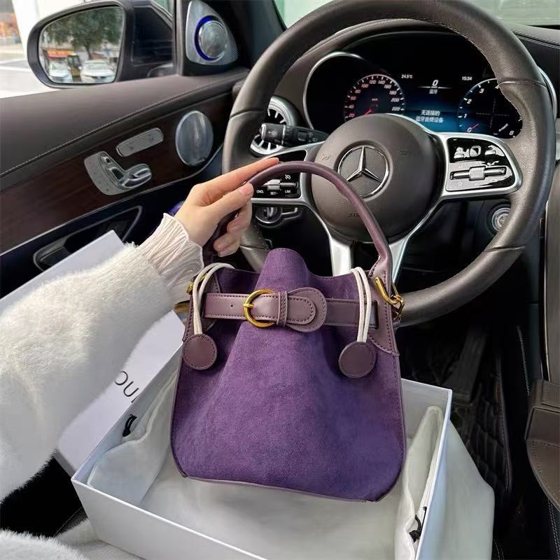 Women's Bucket Bag | Suede PU Crossbody with Belt Buckle Detail A17
