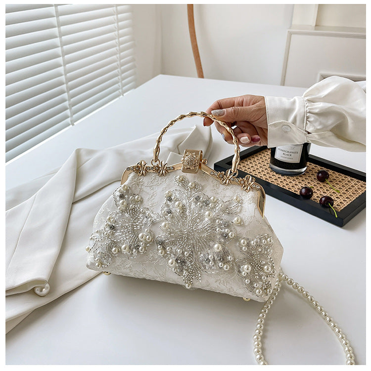 Pearl Embroidered Clutch Bag | Beaded Chain Shoulder Handbag A56