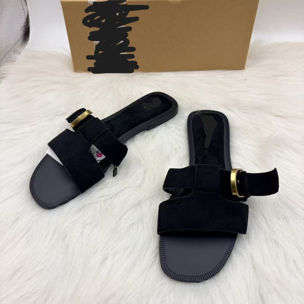 Women's Suede Belt Buckle Flat Sandals | One-Strap Slip-On Slides A85