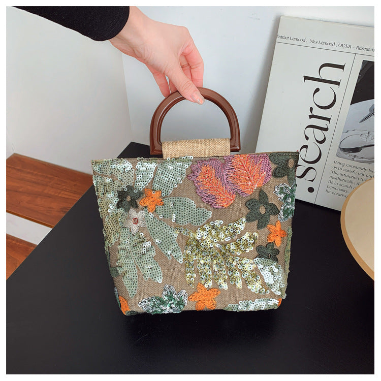 Bamboo Handle Sequin Floral Tote Bag for Women | Fabric Top Handle A46