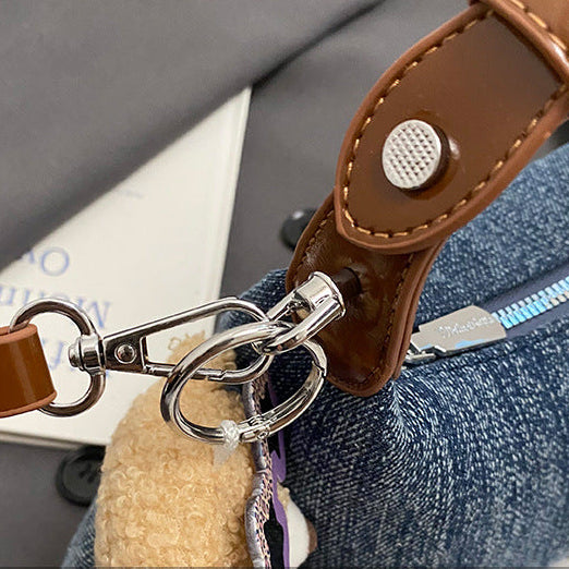 Women's Denim Shoulder Bag with Bear Charm Compact Crossbody A23