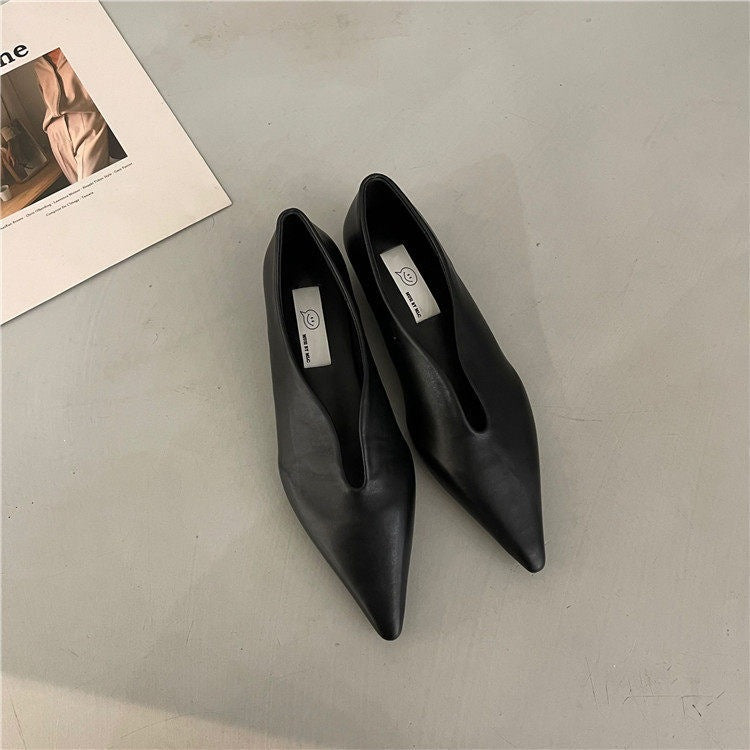 Pointed Toe Flat Shoes | Korean Style Microfiber Leather Shallow Mouth Flats A73