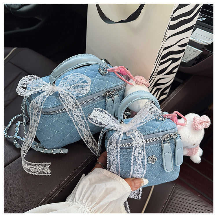 Quilted Denim Box Bag | Chanel-Style Chain Crossbody Handbag A63