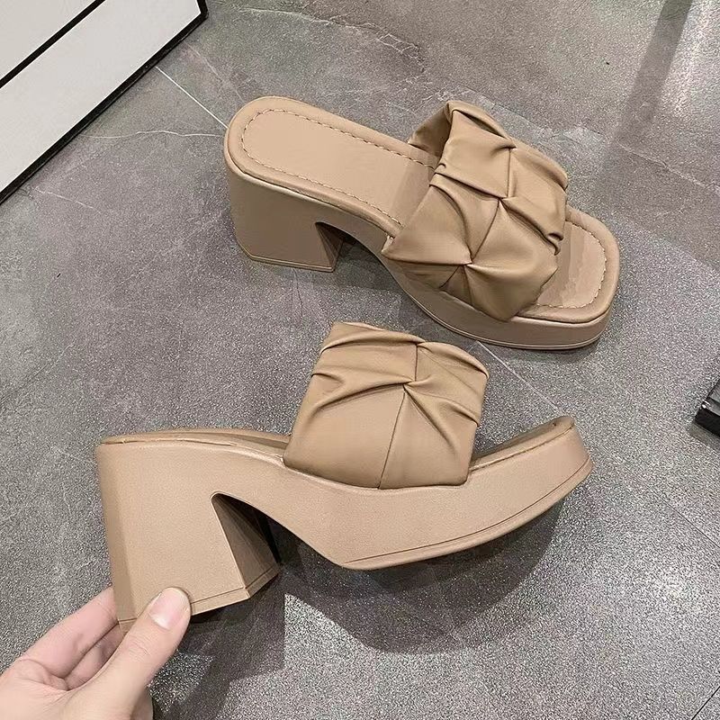 Thick-Heeled Sandal Mules | Korean Style PU High-Heel Flip-Flop Shoes A72