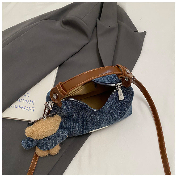 Women's Denim Shoulder Bag with Bear Charm Compact Crossbody A23