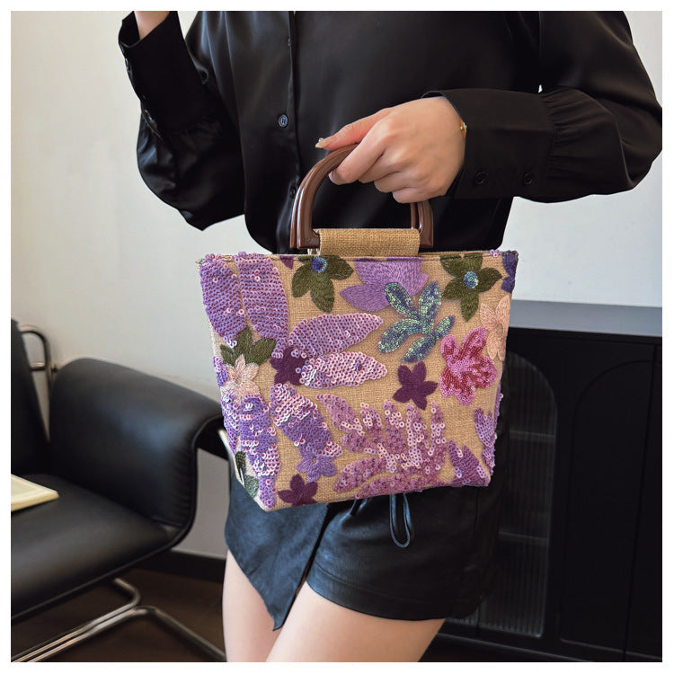 Bamboo Handle Sequin Floral Tote Bag for Women | Fabric Top Handle A46