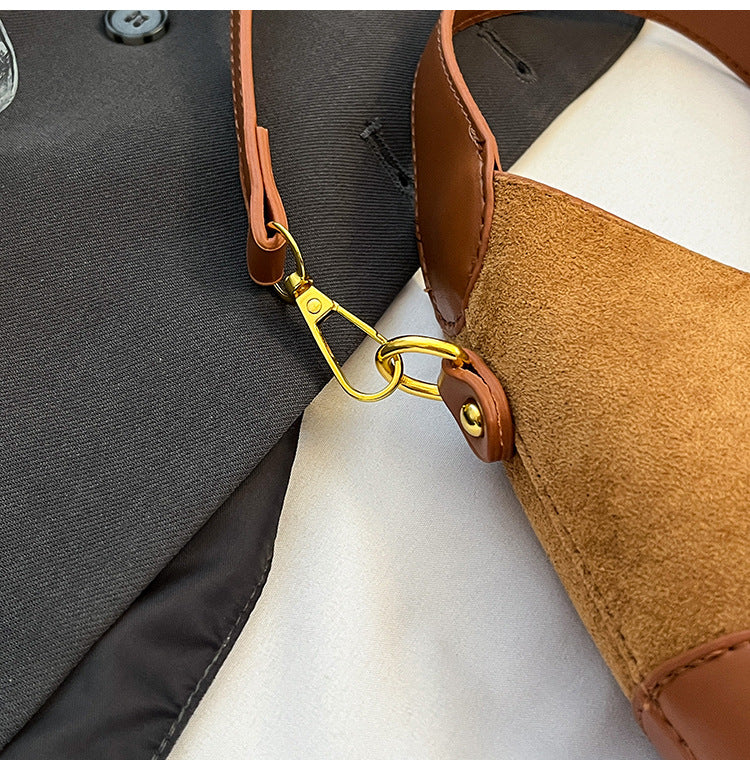 Women's Suede Contrast Shoulder Bag Spliced Bucket with Gold Lock A35