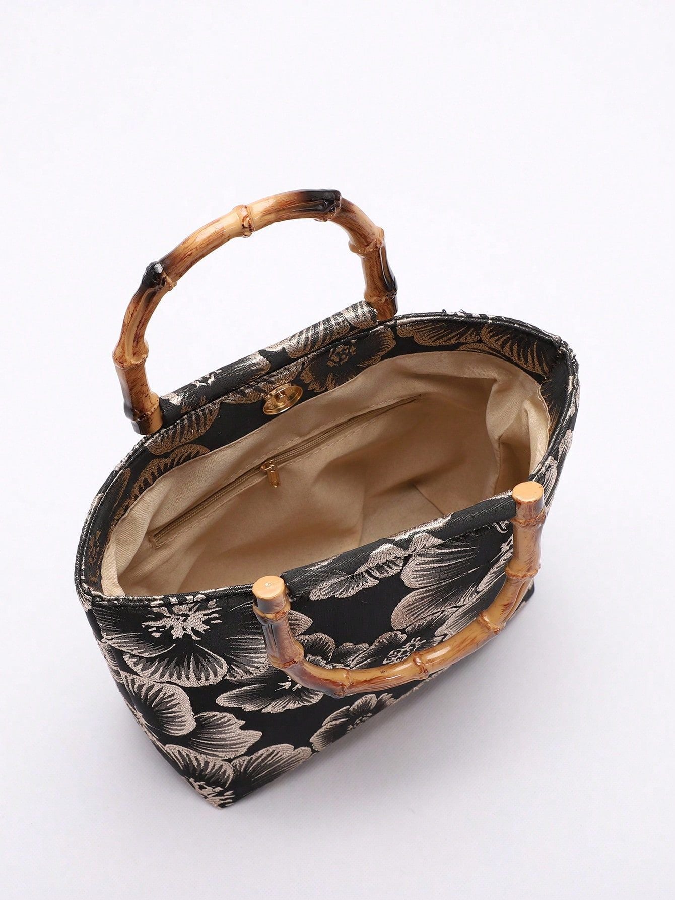 Bamboo Handle Sequin Floral Tote Bag for Women | Fabric Top Handle A46
