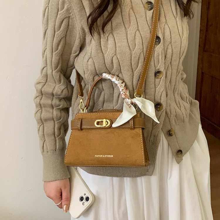 Retro Suede Shoulder Bag for Women | Braided Handle, Lock A14
