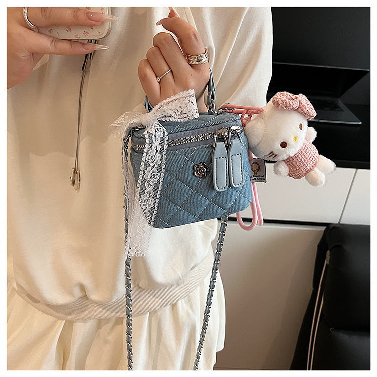 Quilted Denim Box Bag | Chanel-Style Chain Crossbody Handbag A63