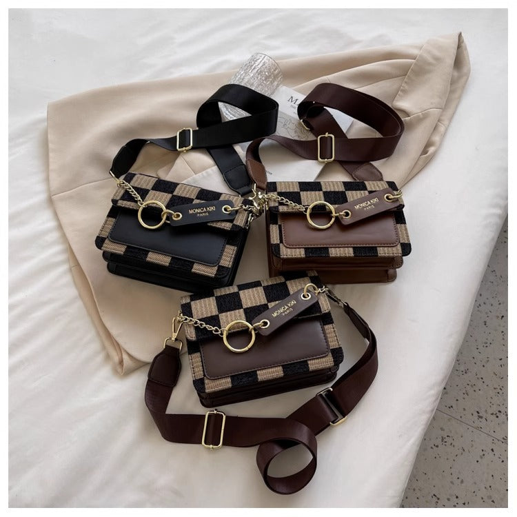 Checkered Woven Crossbody Bag for Women | Gold Chain Lock Clasp A39