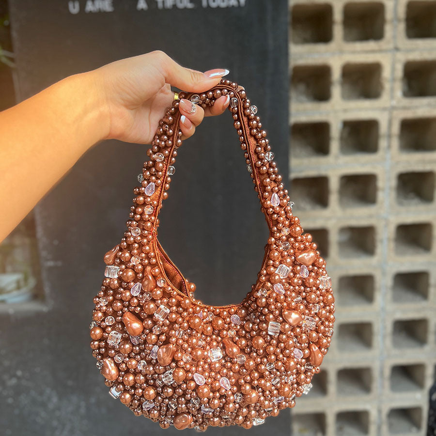 Crystal Beaded Woven Underarm Bag | Retro PVC Dumpling Bag A59