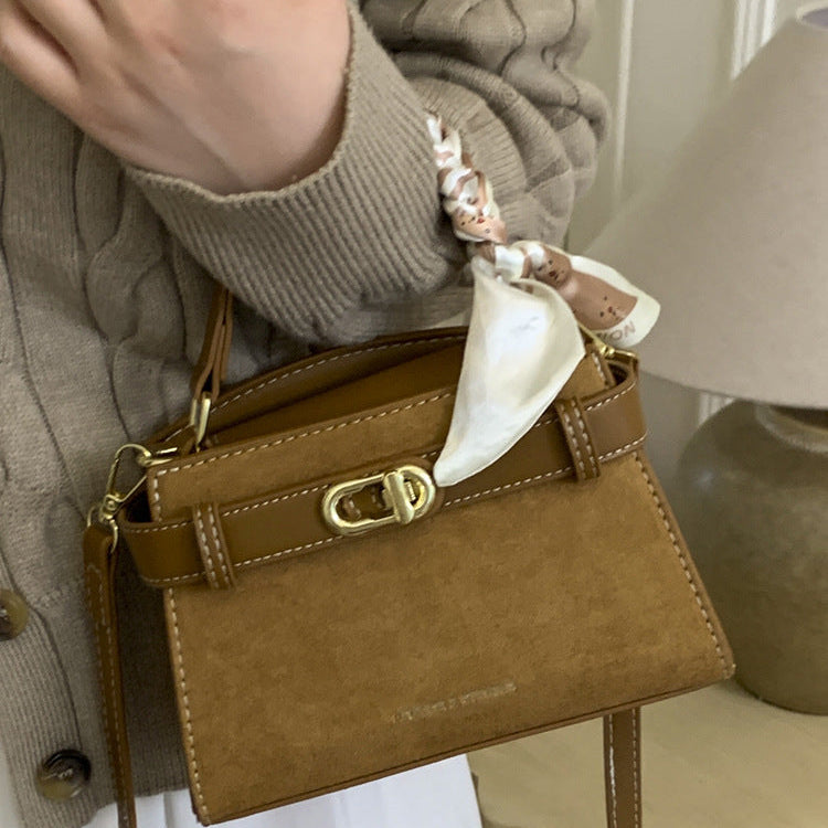 Retro Suede Shoulder Bag for Women | Braided Handle, Lock A14