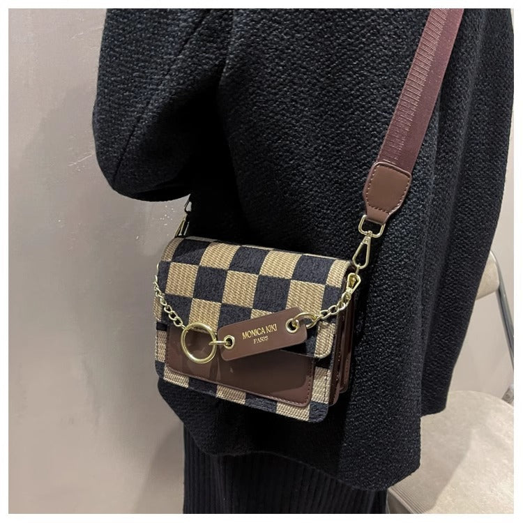Checkered Woven Crossbody Bag for Women | Gold Chain Lock Clasp A39