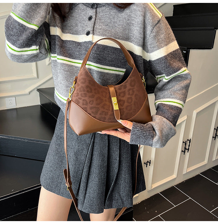 Women's Suede Contrast Shoulder Bag Spliced Bucket with Gold Lock A35