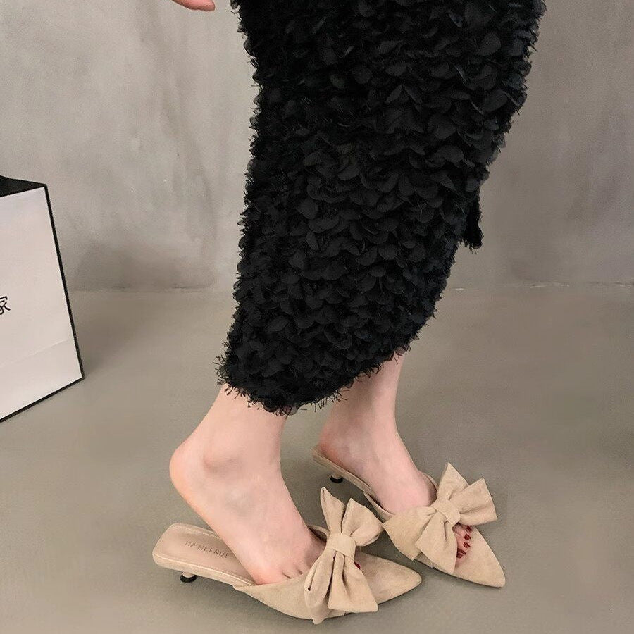 Bow Pointed-Toe Chunky Heel Sandals | Korean Style Summer Heels for Women A74