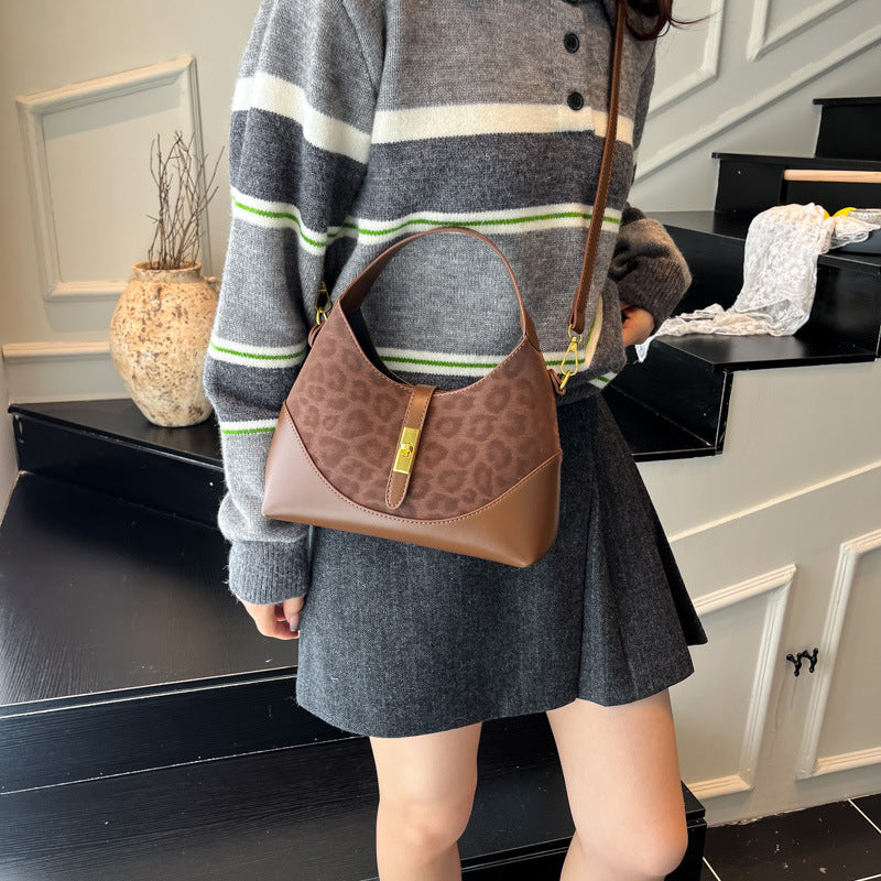 Women's Suede Contrast Shoulder Bag Spliced Bucket with Gold Lock A35