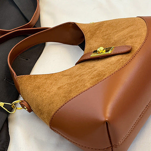 Women's Suede Contrast Shoulder Bag Spliced Bucket with Gold Lock A35