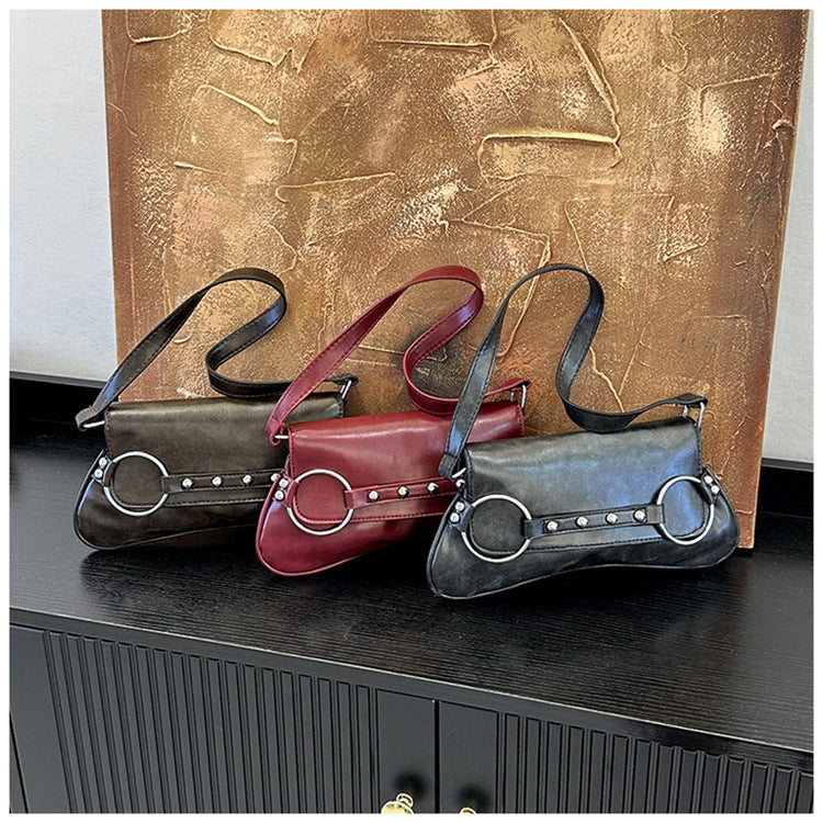 Women's Street Style Shoulder Bag Rivet Ring Hardware Detail A25