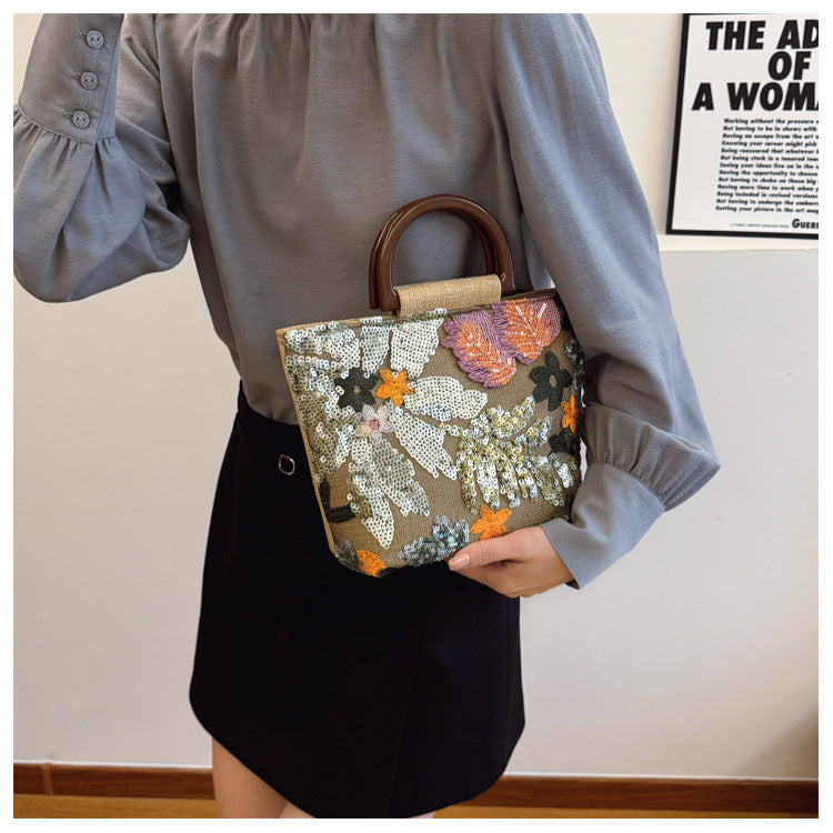 Bamboo Handle Sequin Floral Tote Bag for Women | Fabric Top Handle A46