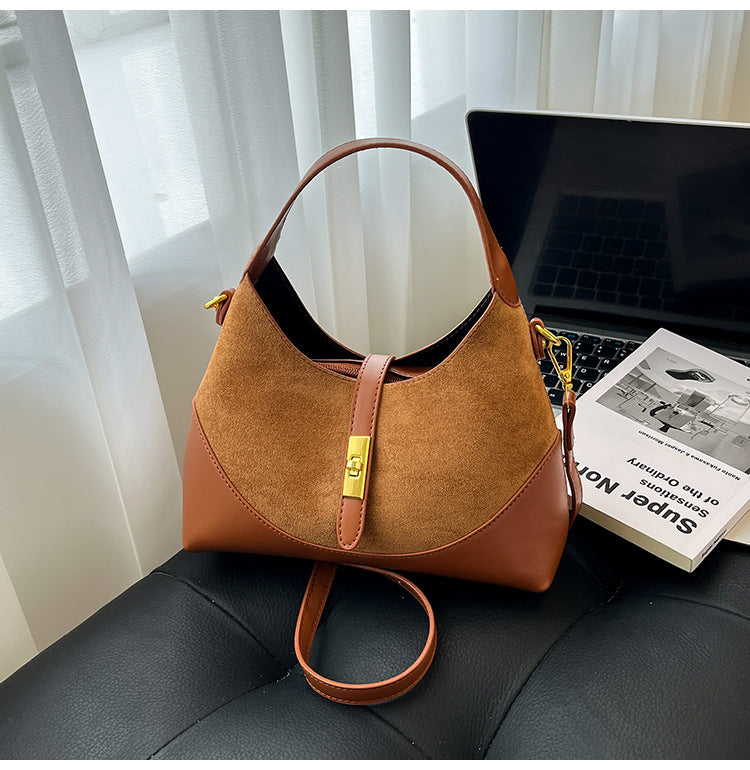 Women's Suede Contrast Shoulder Bag Spliced Bucket with Gold Lock A35