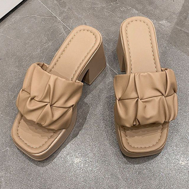 Thick-Heeled Sandal Mules | Korean Style PU High-Heel Flip-Flop Shoes A72