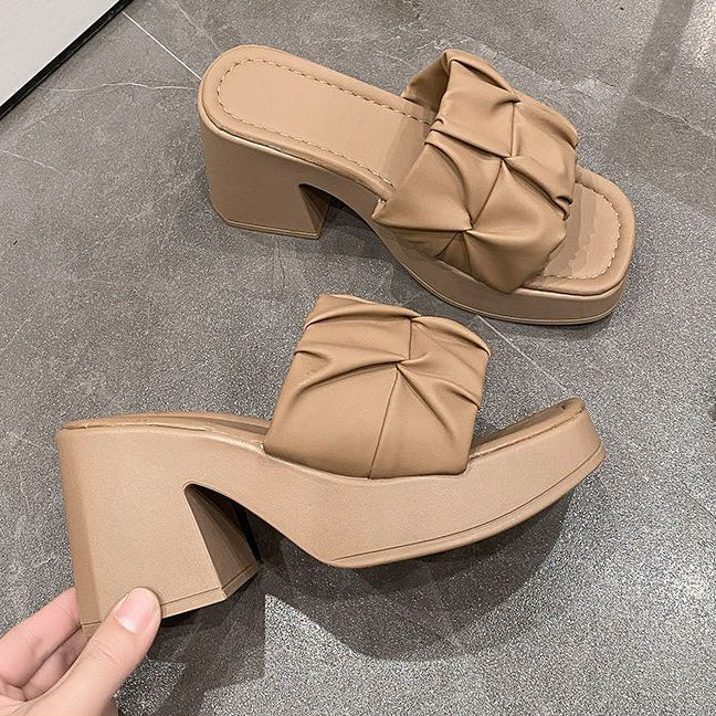 Thick-Heeled Sandal Mules | Korean Style PU High-Heel Flip-Flop Shoes A72
