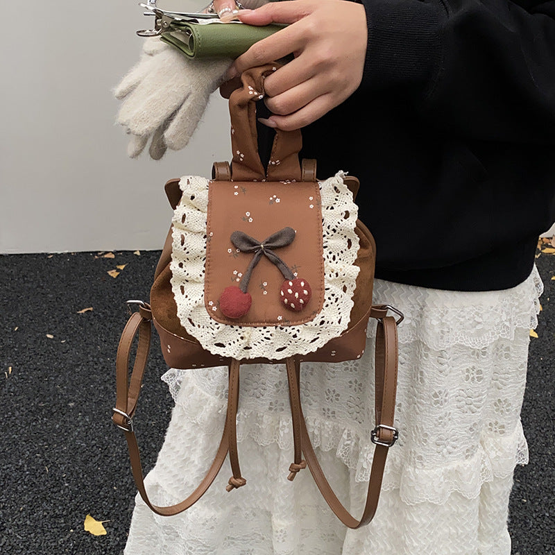 Cute Mini Backpack for Girls | Lace Suede Cherry Detail Bag A22