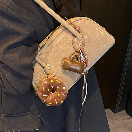 Women's Suede Shoulder Bag Retro Pillow Shape with Charm A24