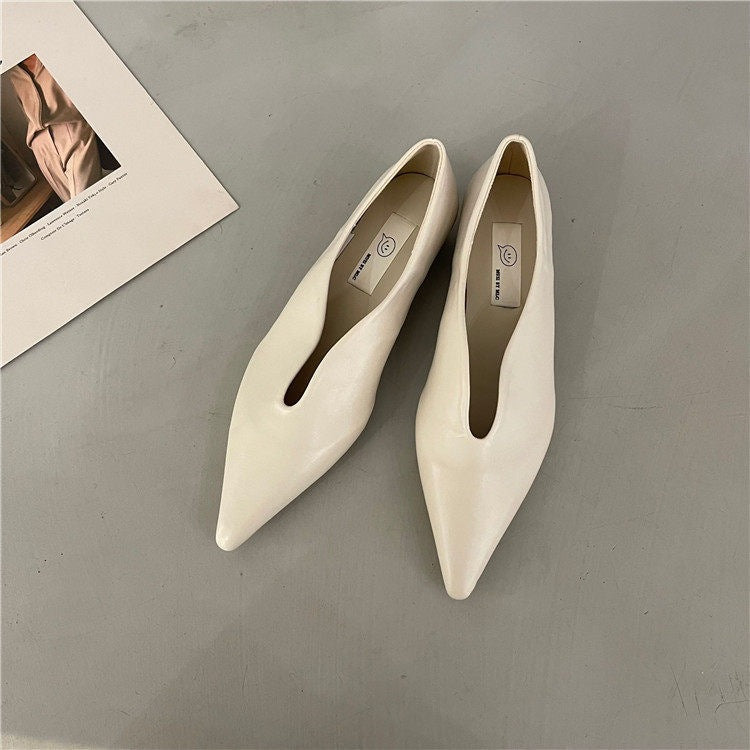 Pointed Toe Flat Shoes | Korean Style Microfiber Leather Shallow Mouth Flats A73