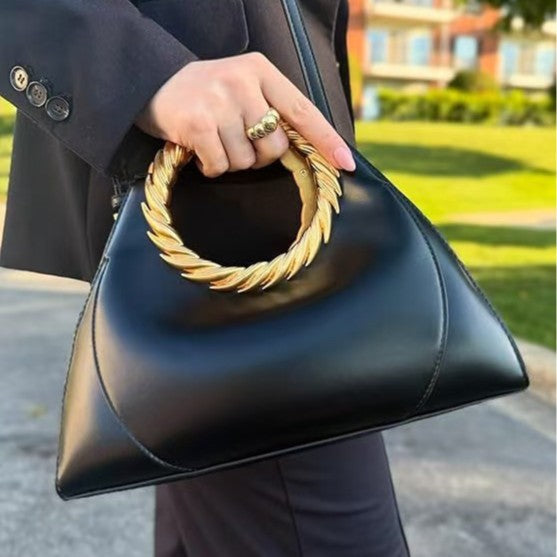 Women's Gold Ring Handle Handbag Retro Shell Satchel in Black A27