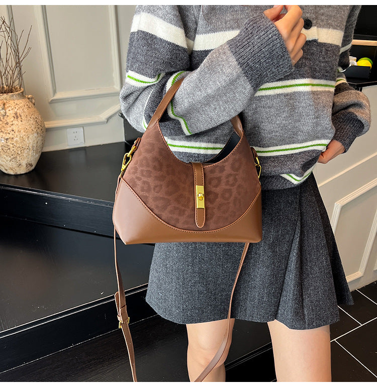 Women's Suede Contrast Shoulder Bag Spliced Bucket with Gold Lock A35
