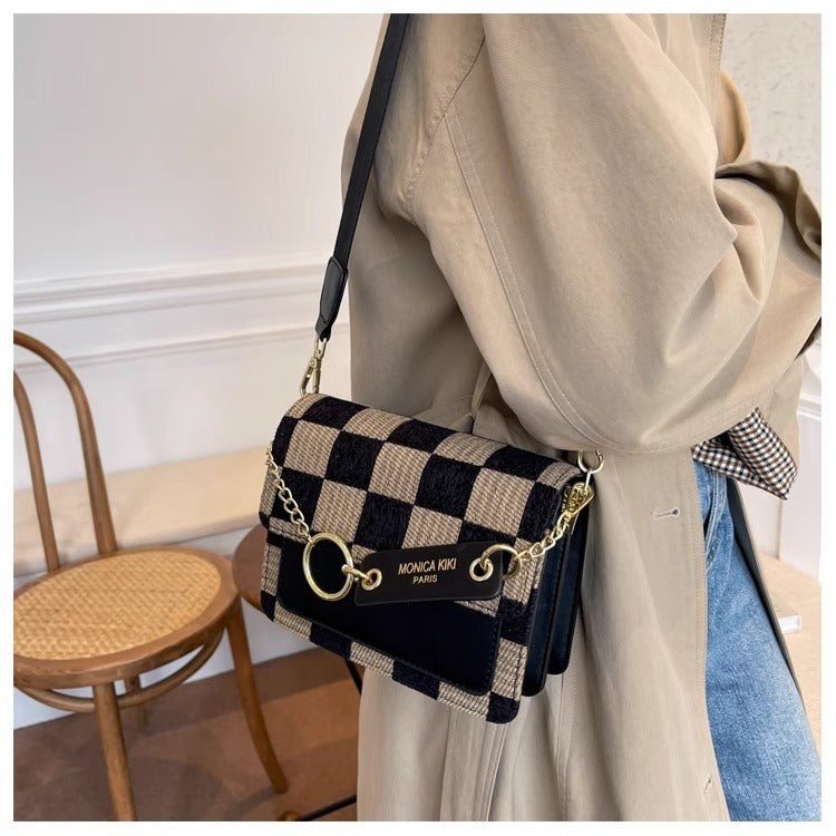 Checkered Woven Crossbody Bag for Women | Gold Chain Lock Clasp A39