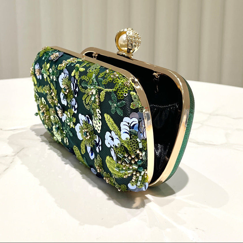 Dark Green Sequin Embroidered Clutch Bag | Beaded Evening Box Bag A66